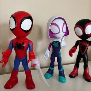 Spider Man, Spin, and Ghost Spider figurines